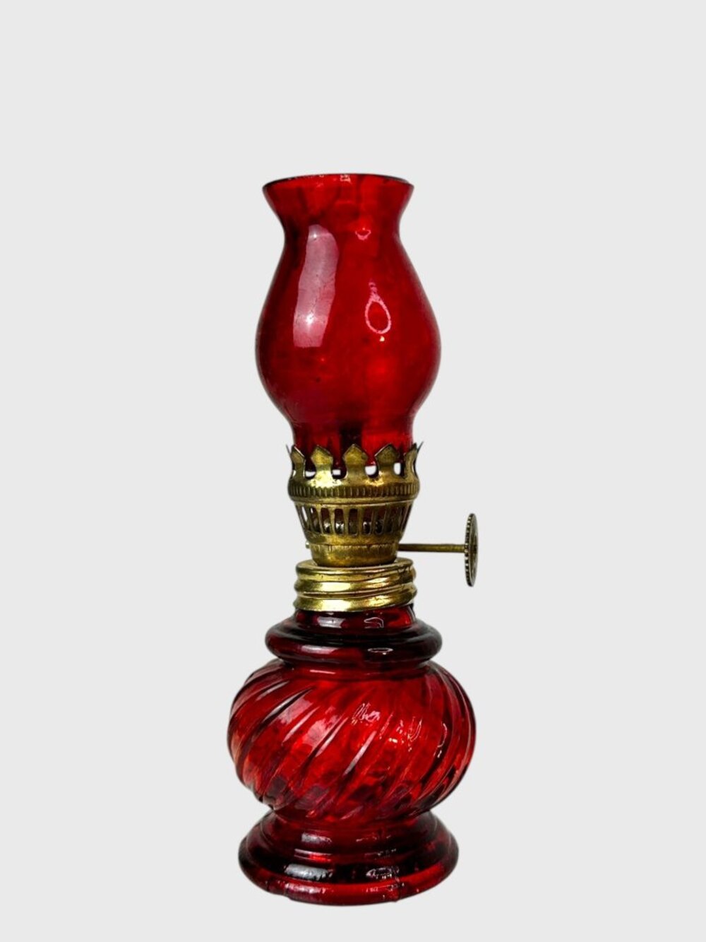 Vintage Red Glass Mini Oil Lamp With Brass Burner Swirl Pattern 4.5 Inches Tall